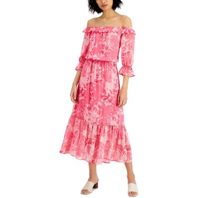 

Женское розовое платье миди с открытыми плечами Willow Drive цвета металлик  BHFO 3014, Pink floral