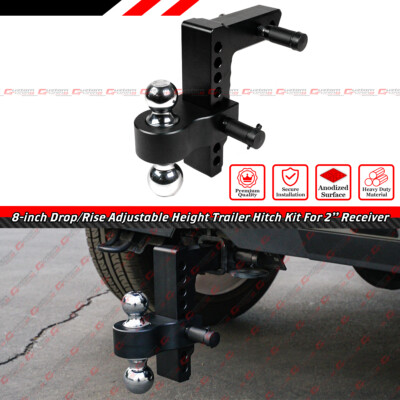 8 Inch Drop Rise Adjustable Black Aluminum 2-Ball Trailer Hitch For 2'' Receiver