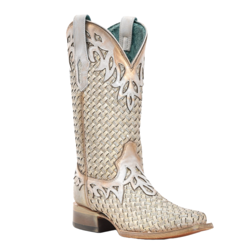 Pre-owned Corral Boots Corral Ladies Woven Overlay White Glitter Western Boots A4524