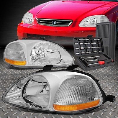 ДЛЯ HONDA CIVIC 96-98 ХРОМИРОВАННЫЙ КОРПУС ЯНТАРНЫЕ УГЛОВЫЕ ФАРЫ ГОЛОВНОГО СВЕТА + НАБОР ИНСТРУМЕНТОВ
