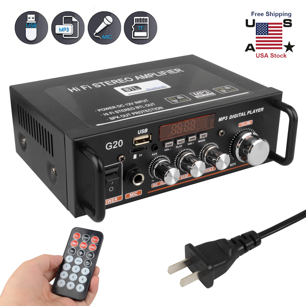 USB HiFi Bluetooth Power Amplifier AMP FM Audio w/ Remote 2 