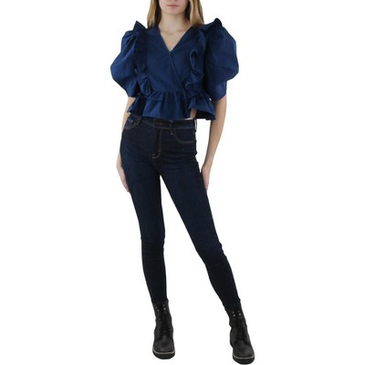 

Женская синяя укороченная блузка с рюшами Aqua Surplice  BHFO 0513, Синий