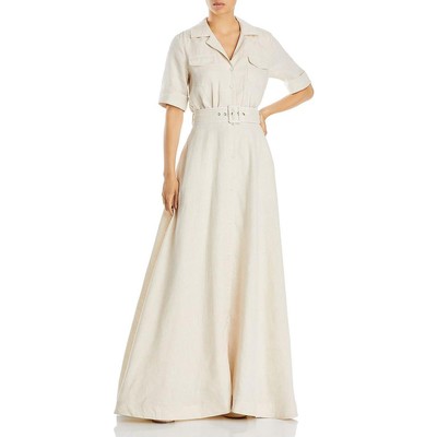 

Женское бежевое льняное вечернее платье макси до локтя STAUD  BHFO 5982, Natural/white