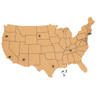 Cork Board Map of The United States with 10 Pins to Mark Travels, 16 x 10 x 0.3''