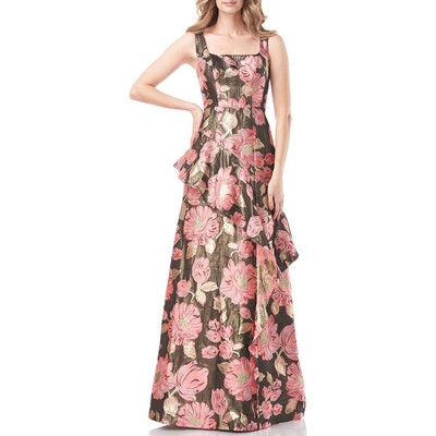 

Kay Unger Belle Женское платье трапециевидной формы без рукавов с цветочным принтом и оборками, Terra cotta/gold