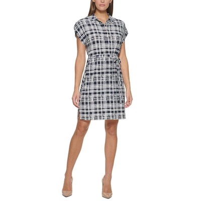 

Tommy Hilfiger Женское темно-синее клетчатое платье-рубашка до колена Petites  BHFO 6870, Sky captain/ivory