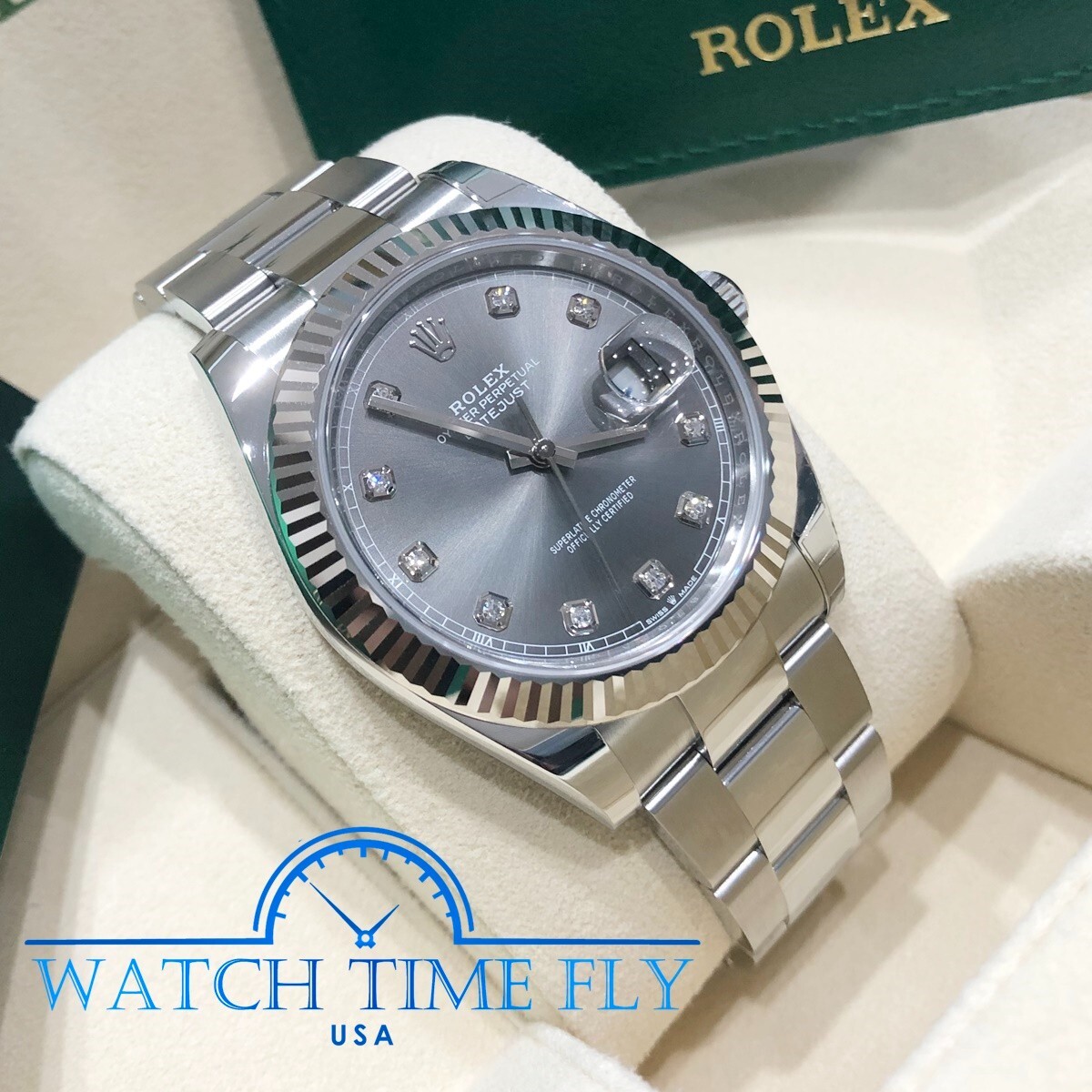 Pre-owned Rolex 126334 Datejust 41mm Fluted Bezel Rhodium Diamond Dial Oyster Bracelet