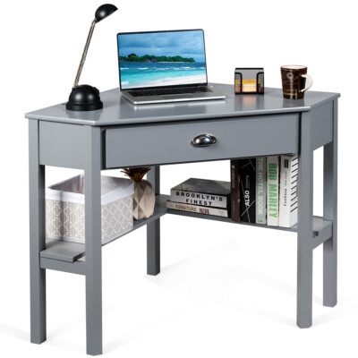 Corner Computer Desk Space Saving Writing Workstation W/ Drawer & Shelves Gray