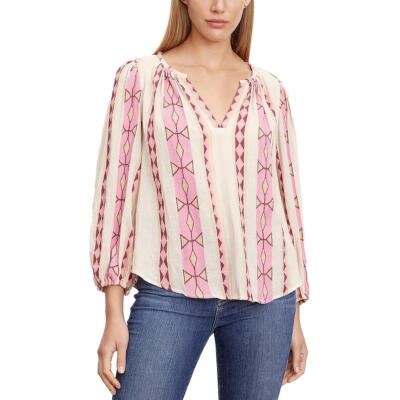 VELVET BY GRAHAM & SPENCER Womens Cotton Geometric V Neck Blouse Top BHFO 7827