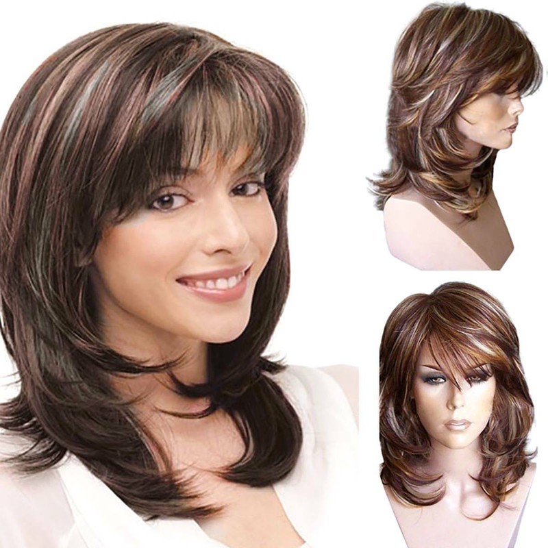 Womens Fashion Brown Ombre Medium Length Wigs Curly Wavy Hair