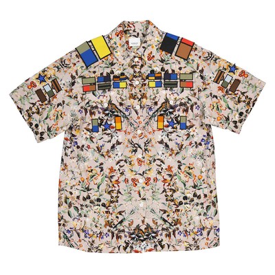 Pre-owned Burberry Badge Appliques Iris Floral-print Silk Crepe De Chine Oversized Shirt, In Beige