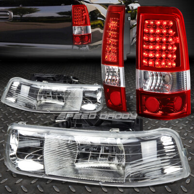 ХРОМИРОВАННАЯ ХРУСТАЛЬНАЯ ФАРА + УГОЛОК + КРАСНЫЙ СВЕТОДИОДНЫЙ ЗАДНИЙ ФОНАРЬ ДЛЯ 99-02 CHEVY SILVERADO