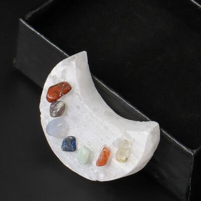 Crescent Selenite Moon With 7 Chakra Stones Crystal Charging Plate Reiki Decors