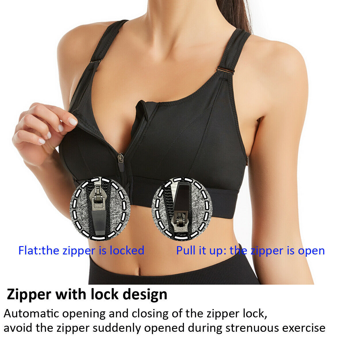 Women Sports Bra with Front Zip Padded High Impact Adjustable Support Wireless - Picture 12 of 12