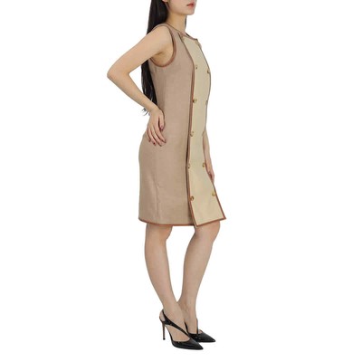 Pre-owned Burberry Ladies Biscuit Button Panel Detail Wool-blend Shift Dress In Check Description