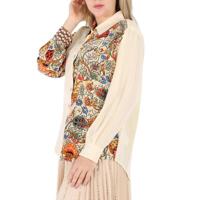 Pre-owned Burberry Ladies Vanilla Juliette Floral-print Paneled Silk Oversized Shirt, In White