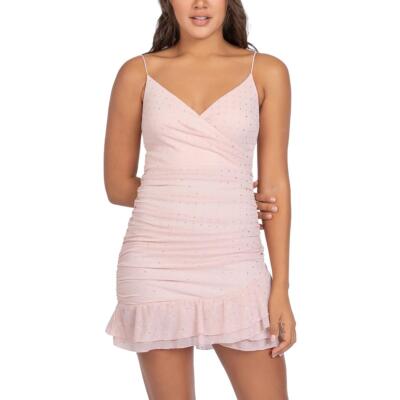 

B. Darlin Womens Surplice Mini Ruched Bodycon Dress Juniors BHFO 1571, Blush/silver