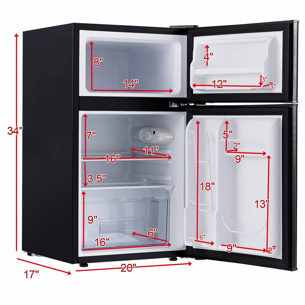 Small Size Refrigerator Small Freezer Cooler Fridge Compact 3.2 cu ft. Unit