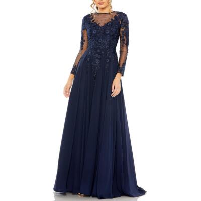 Женское вечернее платье Mac Duggal из темно-синего шифона с украшением 16 BHFO 6263