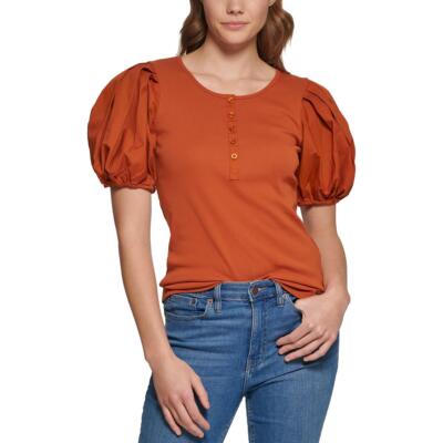 

Calvin Klein Женская коричневая футболка Henley с пышными рукавами и пуловером, рубашка  BHFO 5804, Terra