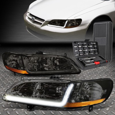 ДЛЯ 98-02 HONDA ACCORD LED DRL L-ОБРАЗНАЯ ПЛАНКА DRL ДЫМЧАТЫЕ/ЯНТАРНЫЕ УГЛОВЫЕ ФАРЫ + НАБОР ИНСТРУМЕНТОВ