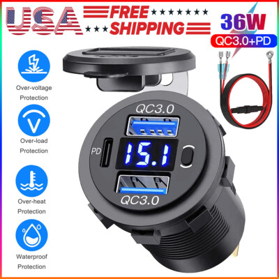 12V-24V PD + QC3.0 Dual USB Car Fast Charger Power Socket Outlet LED Voltmeter