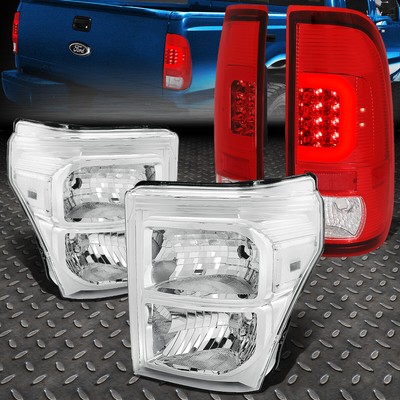 ДЛЯ 2011-2016 FORD SUPER DUTY КРАСНАЯ СВЕТОДИОДНАЯ ПАНЕЛЬ КРАСНЫЙ ЗАДНИЙ ФОНАРЬ + ХРОМИРОВАННАЯ ПРОЗРАЧНАЯ ФАРА