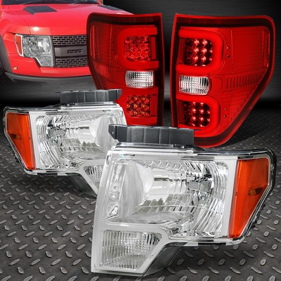 ДЛЯ 09-14 FORD F150 ХРОМИРОВАННЫЙ КОРПУС ФАРЫ + КРАСНЫЕ ЛИНЗЫ 3D LED C-ОБРАЗНЫХ ЗАДНИХ ФОНАРЕЙ