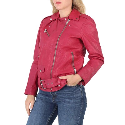 Pre-owned Michael Kors Ladies Crinkled Leather Moto Jacket In Purple