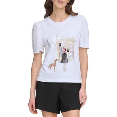DKNY Womens White Printed Puff Sleeve Crewneck Graphic T-Shirt M BHFO 0402