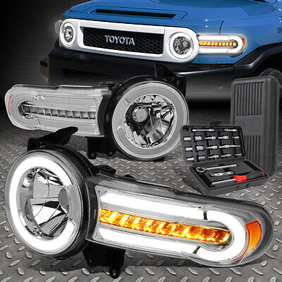 ДЛЯ 07-14 TOYOTA FJ LED DRL ХРОМИРОВАННЫЕ/ЯНТАРНЫЕ ПОСЛЕДОВАТЕЛЬНЫЕ ЛАМПЫ ФАР + НАБОР ИНСТРУМЕНТОВ