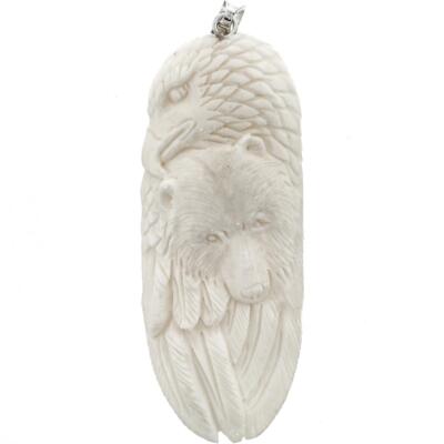 925 Silver Handcarved Eagle Bear Bison Bone Totem Sterling Pendant, 3 1/2''