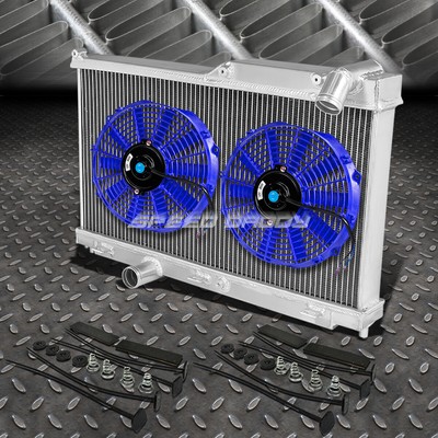 2-РЯДНЫЙ АЛЮМИНИЕВЫЙ РАДИАТОР + КОМПЛЕКТ ИЗ 2-Х 12-Ти ВЕНТИЛЯТОРОВ СИНЕГО ЦВЕТА ДЛЯ 93-97 MAZDA RX7 FD/FD3S 13B-REW