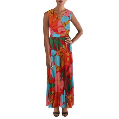 Studio One Womens Orange Chiffon Floral Print Pleated Maxi Dress 8 BHFO 7534