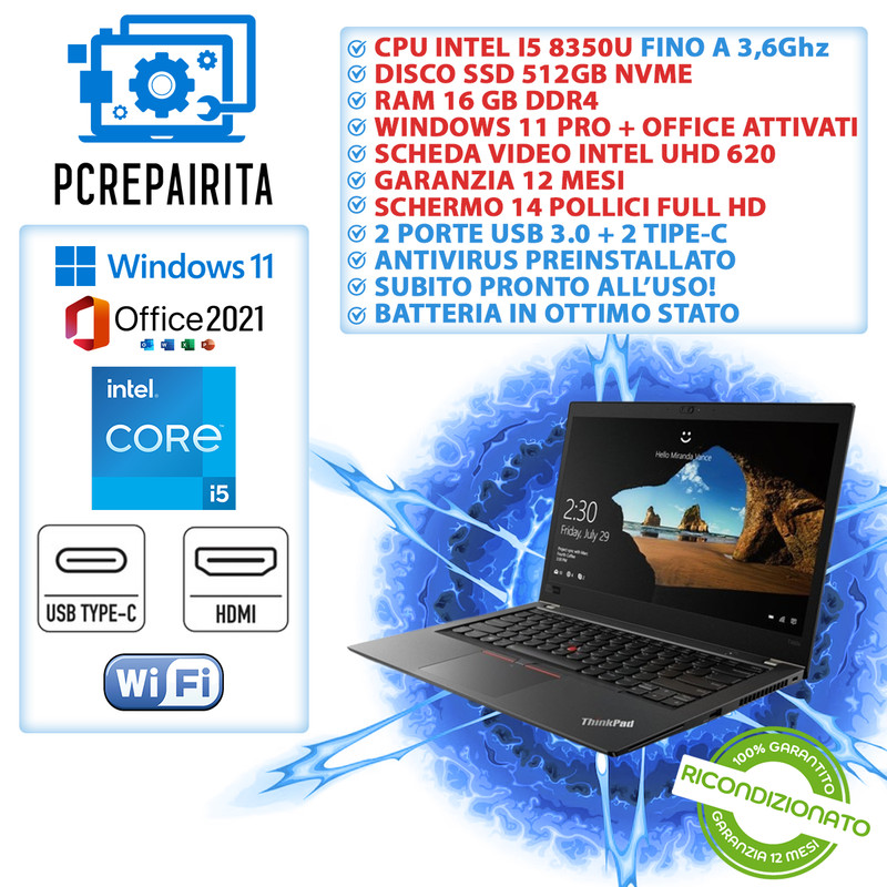 Lenovo Pc Portatile Computer Ricondizionato Intel I5 16gb Ram 512gb Ssd Hdmi W11