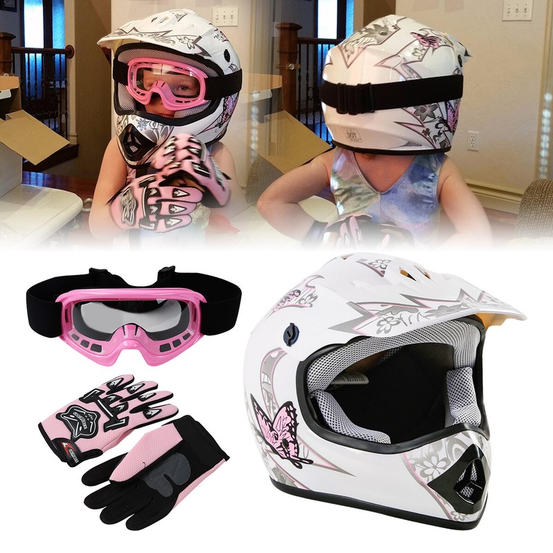 DOT Youth Pink Butterfly Dirt Bike ATV Helmet Motocross+Goggles+Gloves