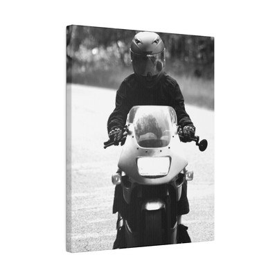 Black & White Biker in Full Gear Riding Motorcycle Matte Canvas Stretched Framed