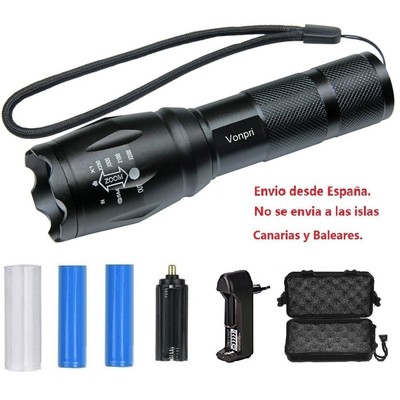 LED Linterna Camping T6 Zoomable Impermeable 2 Baterias Recargables ES Stock