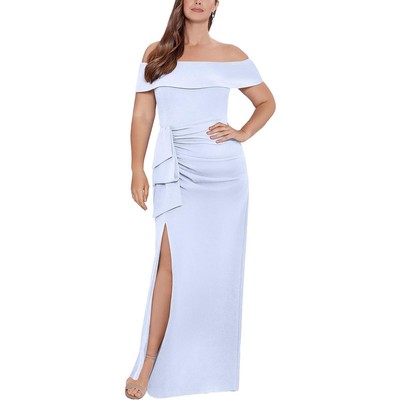 Женское синее вечернее платье Xscape с присборенным разрезом по низу, платье Petites 8P BHFO 4307