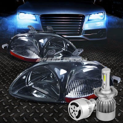 SMOKED HOUSING HEADLIGHT AMBER CORNER+WHITE LED H4 HID W/FAN FOR 96-98 CIVIC EK
