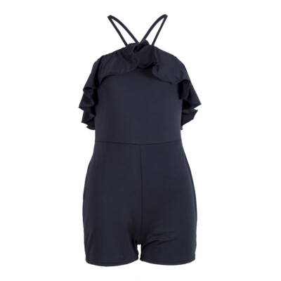 Ladies Jumpsuit Ruffled Trim Halter Neck Backless Design Slim Bodysuit