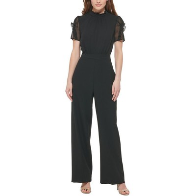 Vince Camuto Womens Black Mixed Media Wide Leg Ruffled Jumpsuit 14 BHFO 4140