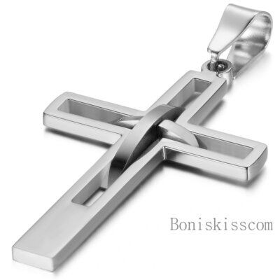Mens Polish Stainless Steel Double Cross Retro Charm Pendant Necklace Chain Gift