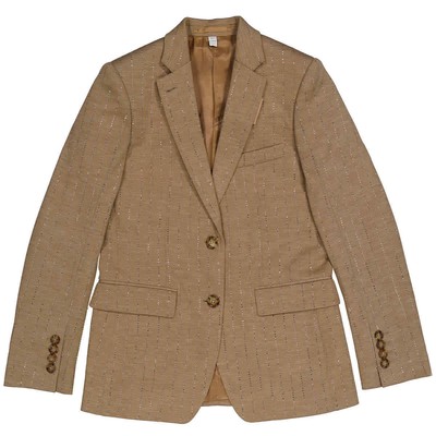 Pre-owned Burberry Ladies Pecan Melange Faux Crystal Pinstripes Wool Jersey Jacket, Brand In Brown