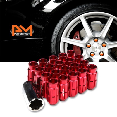 M12X1.25 Red JDM Open End Bulge Spline Wheel Lug Nuts+Lock Key 24mmx50mm 20Pc