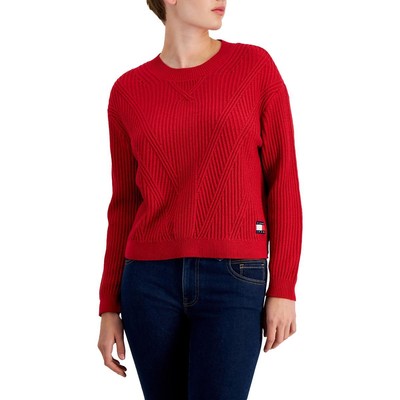Tommy Jeans Womens Red Crew Neck Long Sleeve Crewneck Sweater XS BHFO 1917