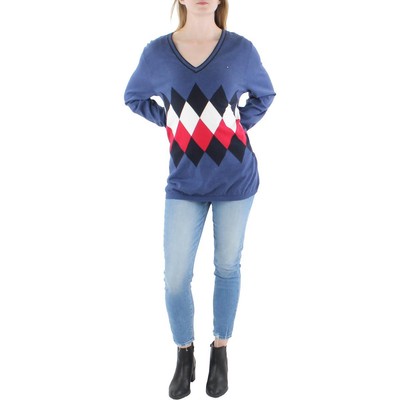 Tommy Hilfiger Женский синий хлопковый пуловер из смеси Аргайла, топ-свитер, L BHFO 5486
