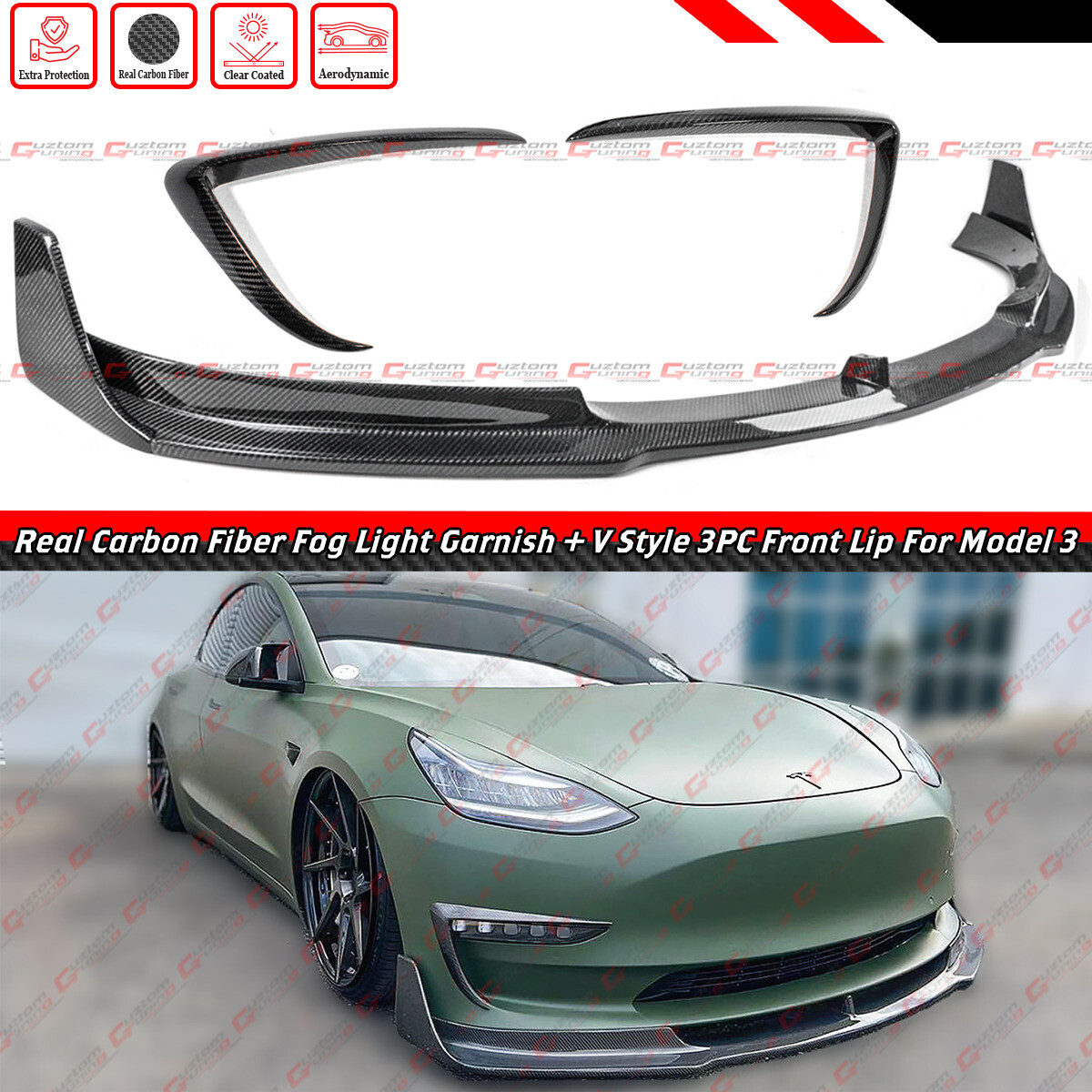 FOR 2017-23 TESLA MODEL 3 CARBON FIBER FRONT FOG LIGHT TRIM + V STYLE BUMPER LIP