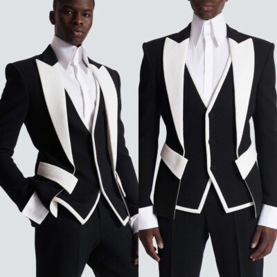 Black White Men's Suit 3Pcs Fashion Party Evening Peak Lapel Vest Jacket Blazer