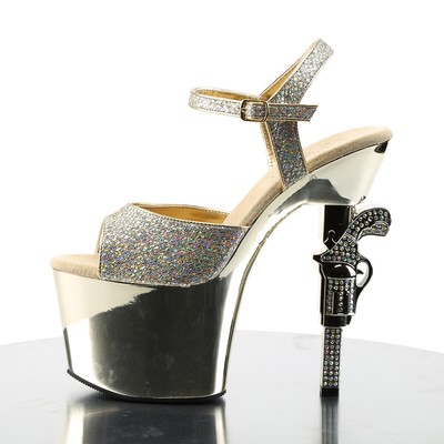 PLEASER REVOLVER-709G PLEASER HIGH-HEELS SANDALETTEN GOLD GLITTER GEWEHRABSATZ STRASS